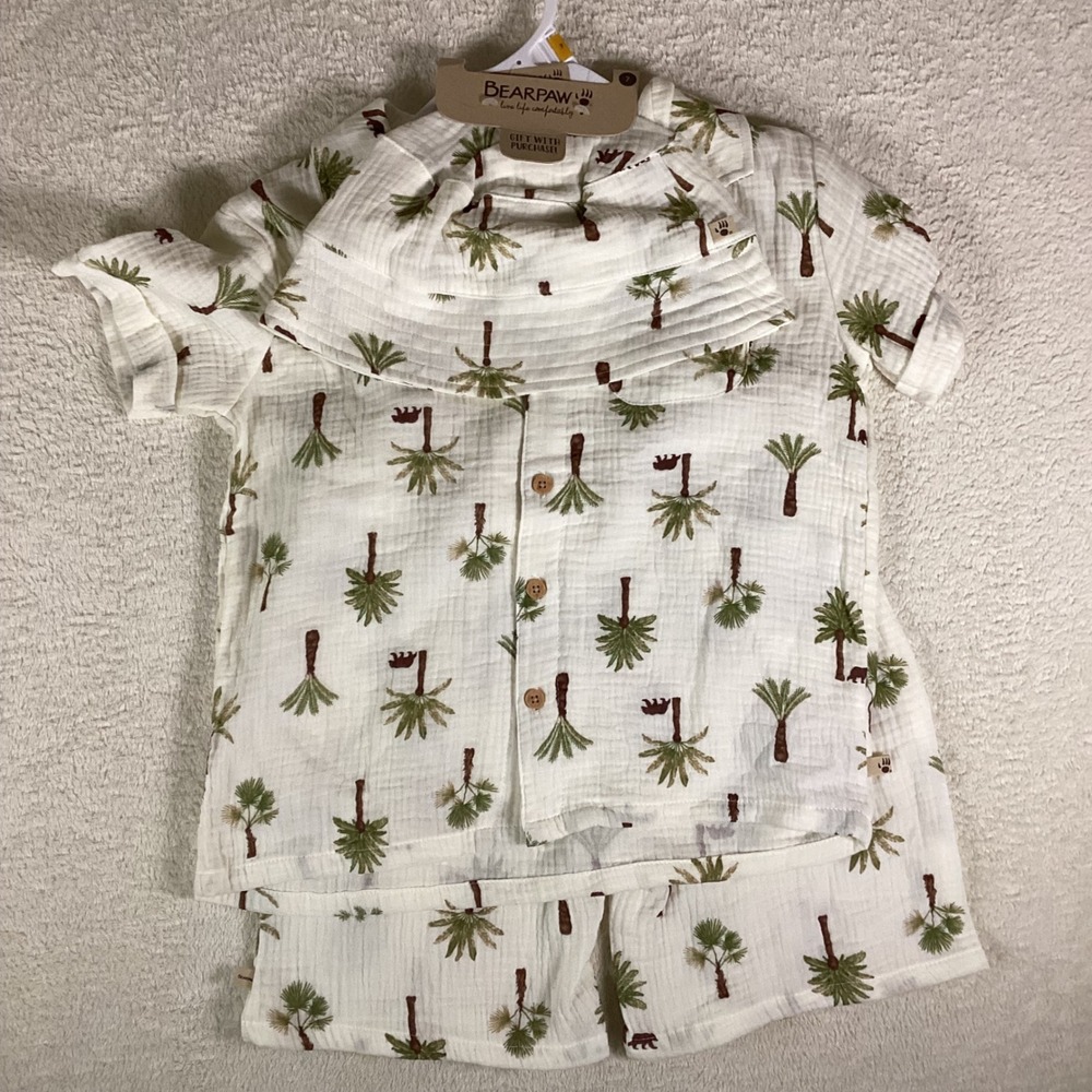 Bearpaw Double Gauze 3pc Set Shirt Shorts Bucket Hat Palm Tree Bear Size 7